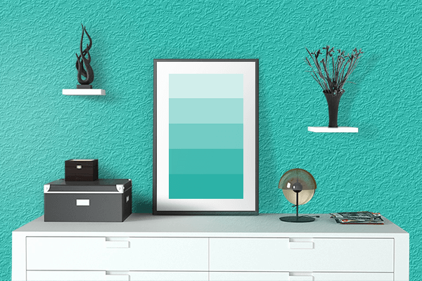 Pretty Photo frame on Robin Egg Blue color drawing room interior textured wall