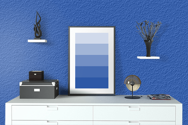Pretty Photo frame on Sapphire color drawing room interior textured wall