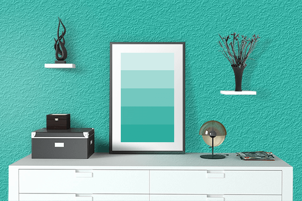 Pretty Photo frame on Tiffany Blue color drawing room interior textured wall