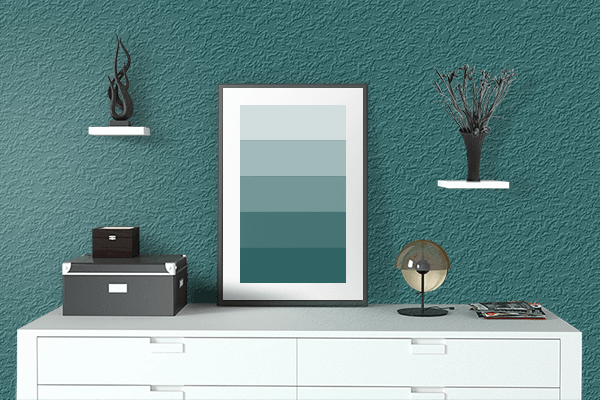 Pretty Photo frame on Deep Green-Cyan Turquoise color drawing room interior textured wall