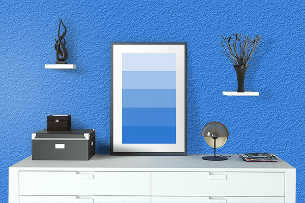 Pretty Photo frame on Blue (Crayola) color drawing room interior textured wall