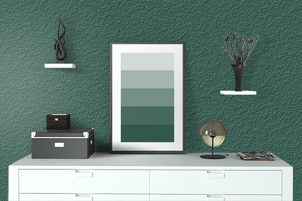 Pretty Photo frame on Brunswick Green color drawing room interior textured wall