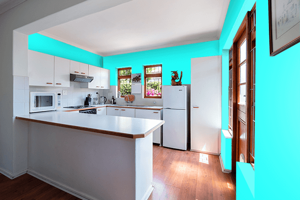 Pretty Photo frame on Fluorescent Blue color kitchen interior wall color