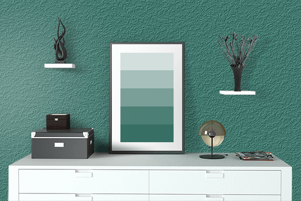 Pretty Photo frame on Myrtle Green color drawing room interior textured wall