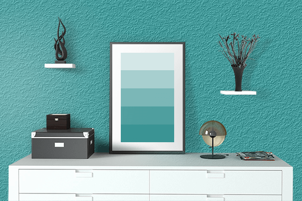 Pretty Photo frame on Light Sea Green color drawing room interior textured wall