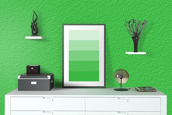 Pretty Photo frame on Lime Green color drawing room interior textured wall