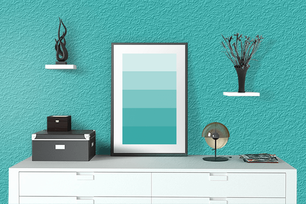 Pretty Photo frame on Maximum Blue Green color drawing room interior textured wall
