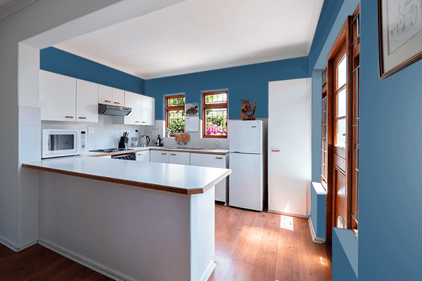 Pretty Photo frame on Metallic Blue color kitchen interior wall color
