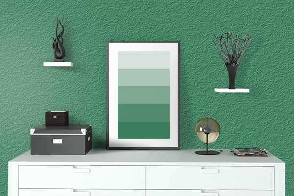 Pretty Photo frame on Sea Green color drawing room interior textured wall
