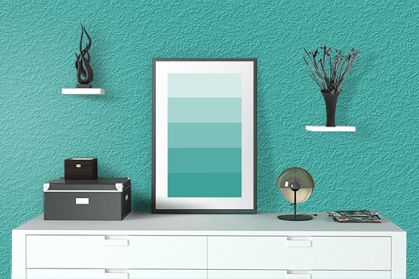 Pretty Photo frame on Light Sea Green color drawing room interior textured wall
