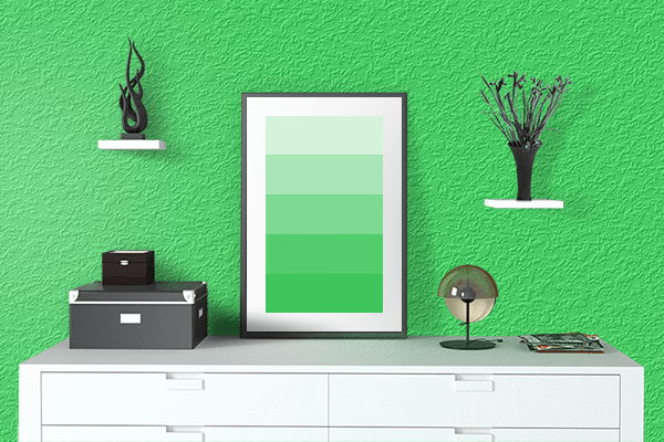 Pretty Photo frame on UFO Green color drawing room interior textured wall