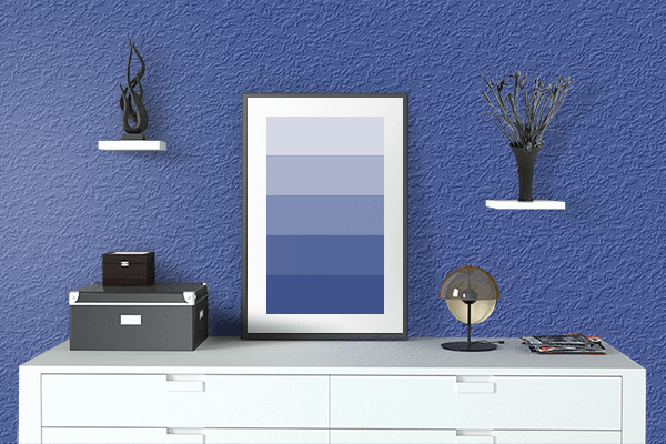 Pretty Photo frame on Chinese Blue color drawing room interior textured wall