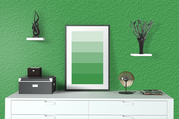 Pretty Photo frame on American Green color drawing room interior textured wall