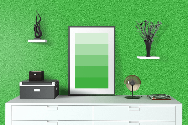 Pretty Photo frame on Lime Green color drawing room interior textured wall
