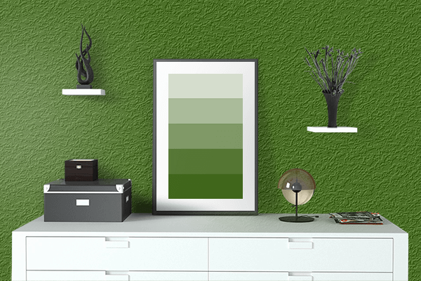 Pretty Photo frame on Metallic Green color drawing room interior textured wall