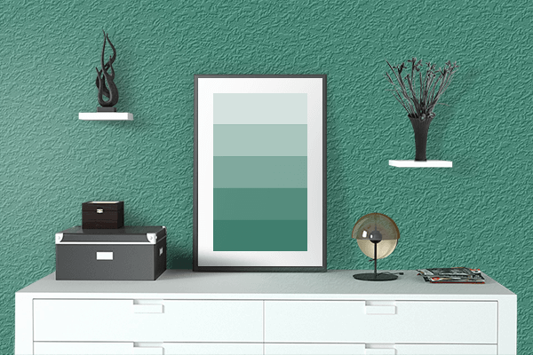 Pretty Photo frame on Illuminating Emerald color drawing room interior textured wall