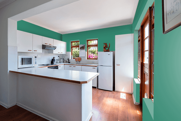 Pretty Photo frame on Illuminating Emerald color kitchen interior wall color