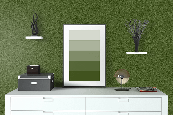 Pretty Photo frame on Lincoln Green color drawing room interior textured wall