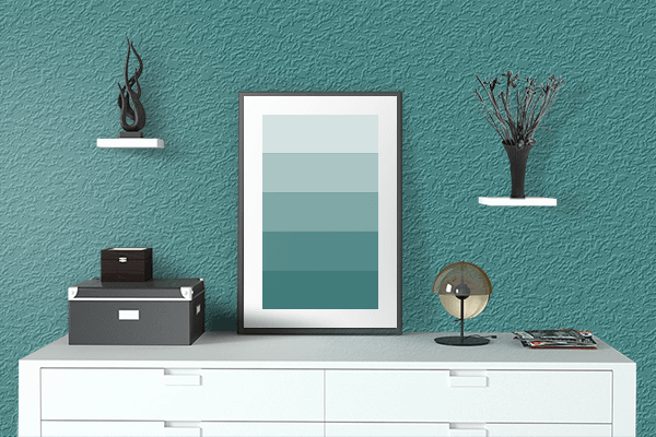 Pretty Photo frame on Celadon Green color drawing room interior textured wall