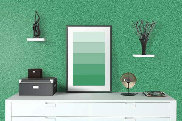 Pretty Photo frame on Medium Sea Green color drawing room interior textured wall