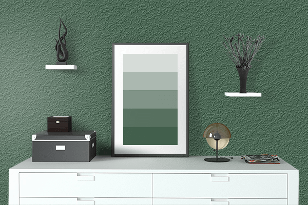 Pretty Photo frame on Deep Moss Green color drawing room interior textured wall