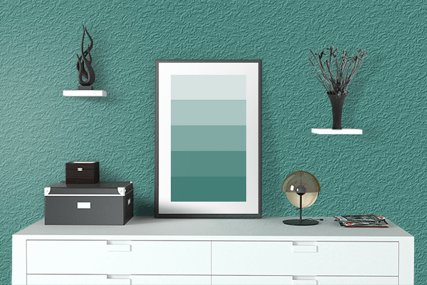 Pretty Photo frame on Celadon Green color drawing room interior textured wall