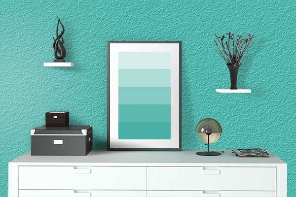 Pretty Photo frame on Medium Turquoise color drawing room interior textured wall