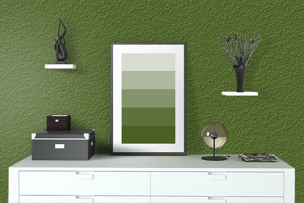 Pretty Photo frame on Army Green color drawing room interior textured wall