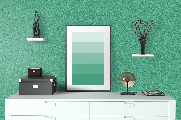 Pretty Photo frame on Mint color drawing room interior textured wall