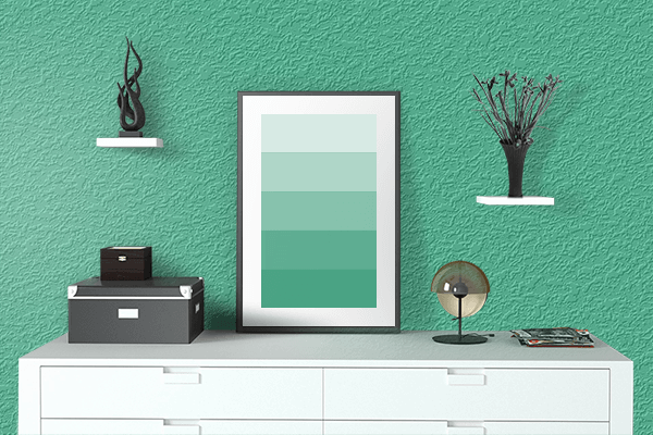 Pretty Photo frame on Ocean Green color drawing room interior textured wall