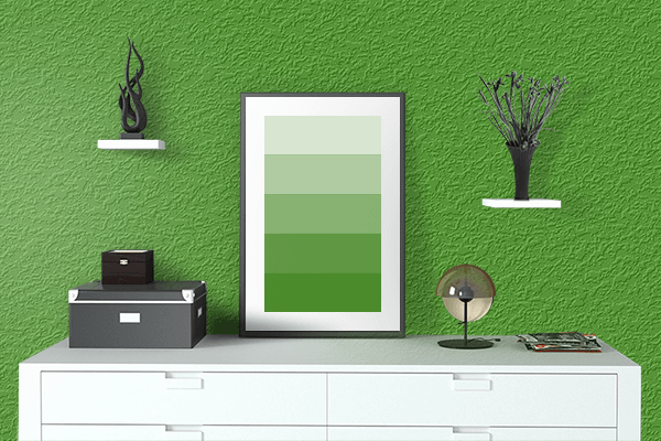 Pretty Photo frame on Slimy Green color drawing room interior textured wall