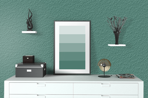 Pretty Photo frame on Deep Aquamarine color drawing room interior textured wall