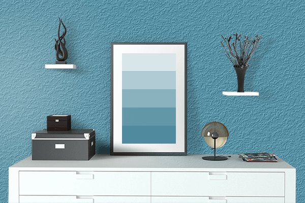 Pretty Photo frame on Steel Blue color drawing room interior textured wall