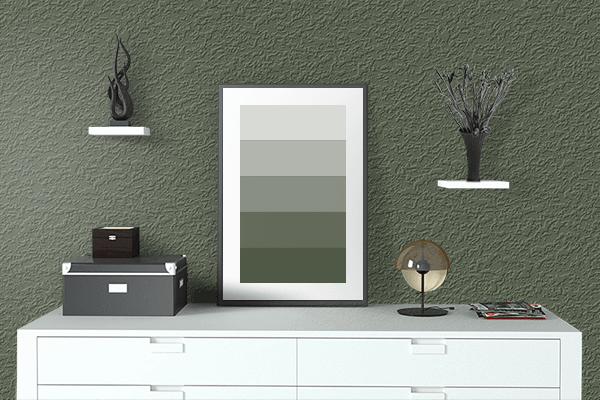 Pretty Photo frame on Rifle Green color drawing room interior textured wall
