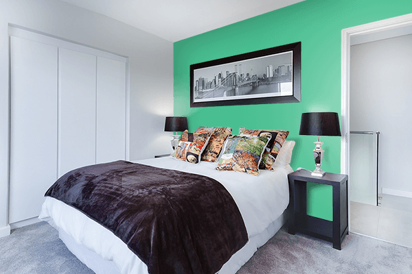 Pretty Photo frame on Ocean Green color Bedroom interior wall color