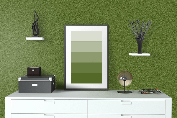 Pretty Photo frame on Dark Moss Green color drawing room interior textured wall