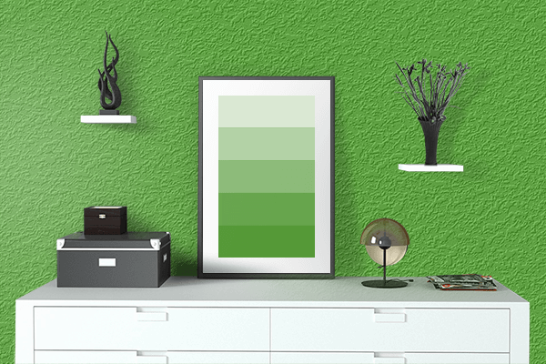 Pretty Photo frame on Kelly Green color drawing room interior textured wall