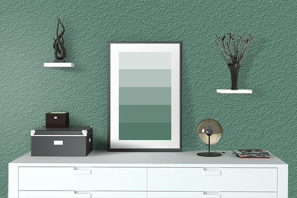 Pretty Photo frame on Hooker's Green color drawing room interior textured wall