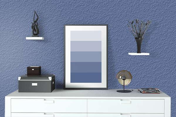 Pretty Photo frame on UCLA Blue color drawing room interior textured wall