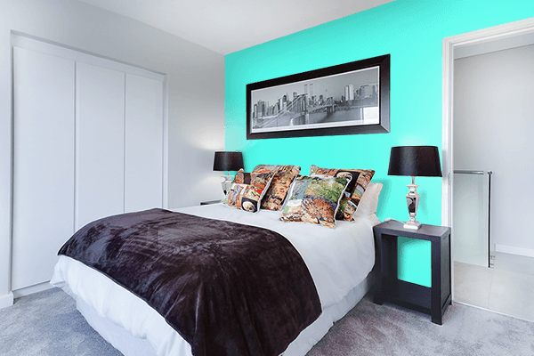 Pretty Photo frame on Turquoise color Bedroom interior wall color