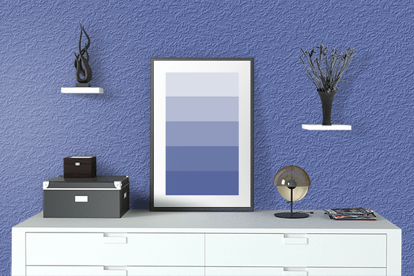 Pretty Photo frame on Blue Yonder color drawing room interior textured wall