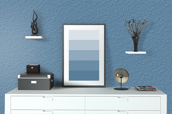 Pretty Photo frame on Cyan Azure color drawing room interior textured wall