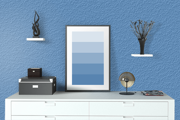 Pretty Photo frame on Celestial Blue color drawing room interior textured wall