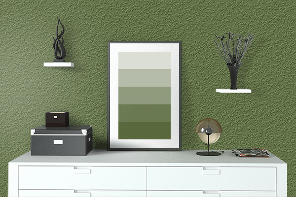 Pretty Photo frame on Dark Olive Green color drawing room interior textured wall