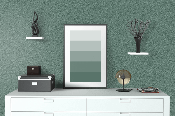 Pretty Photo frame on Hooker's Green color drawing room interior textured wall