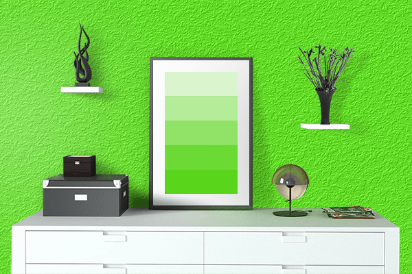 Pretty Photo frame on Chlorophyll Green color drawing room interior textured wall