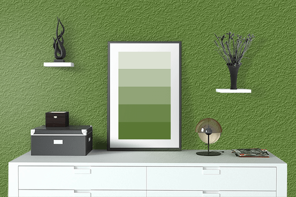 Pretty Photo frame on Sap Green color drawing room interior textured wall