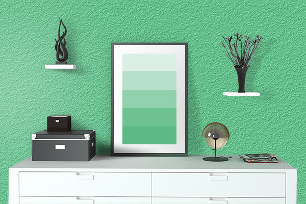 Pretty Photo frame on Very Light Malachite Green color drawing room interior textured wall