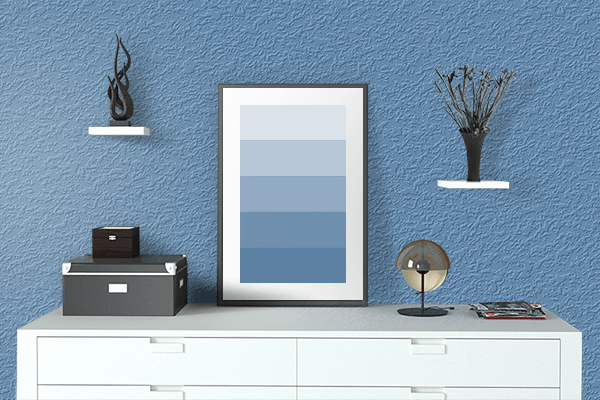 Pretty Photo frame on Silver Lake Blue color drawing room interior textured wall