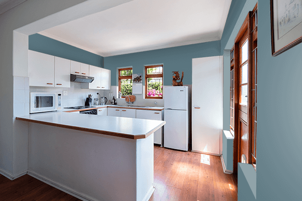 Pretty Photo frame on Dark Electric Blue color kitchen interior wall color